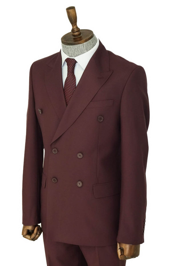 Wide Peak Collar Slim Fit Burgundy Men Double-Breasted Suit - Wessi