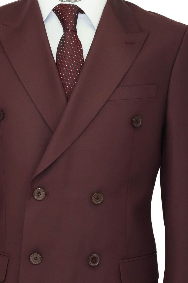 Wide Peak Collar Slim Fit Burgundy Men Double-Breasted Suit - Wessi