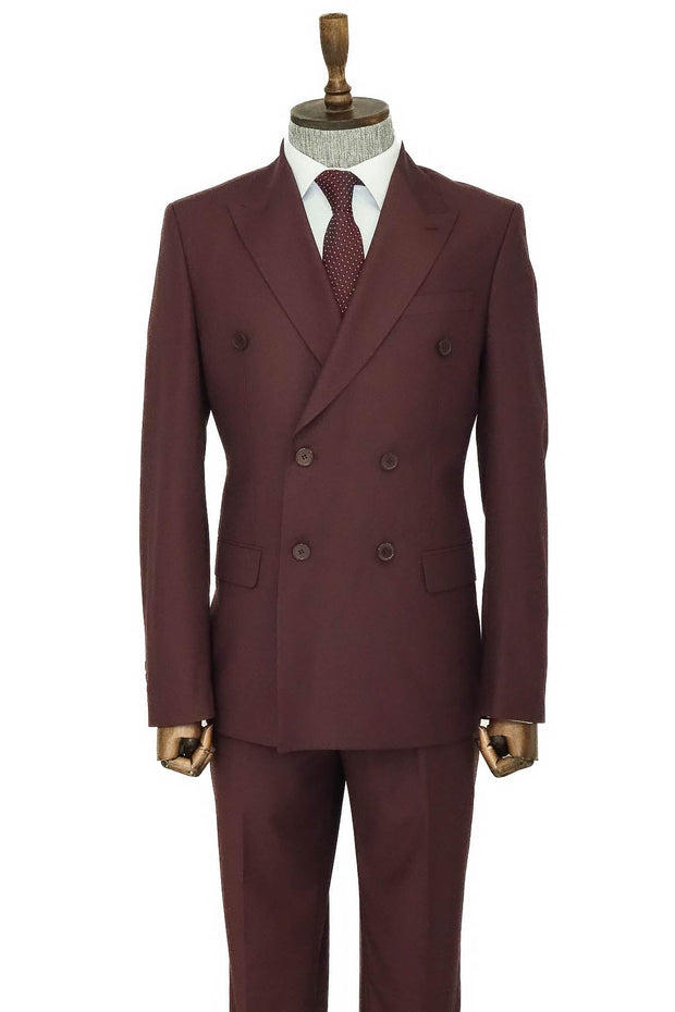 Wide Peak Collar Slim Fit Burgundy Men Double-Breasted Suit - Wessi