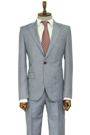 Two Piece Slim Fit Single Button Grey Blue Men Suit - Wessi