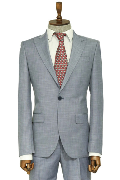 Two Piece Slim Fit Single Button Grey Blue Men Suit - Wessi