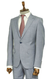 Two Piece Slim Fit Single Button Grey Blue Men Suit - Wessi