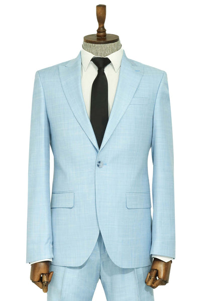 Two Piece Slim Fit Single Button Light Blue Men Suit - Wessi