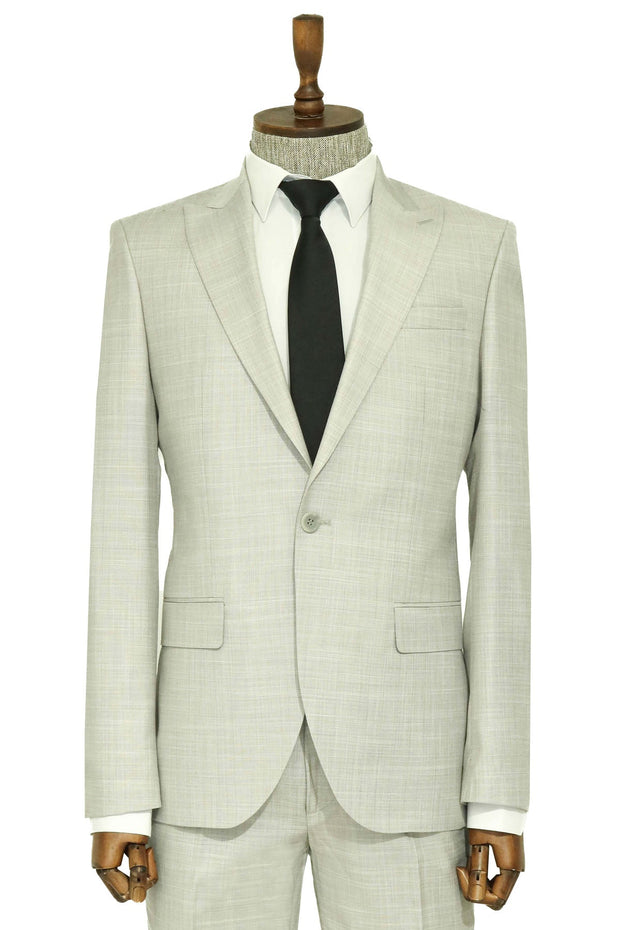 Two Piece Slim Fit Single Button Light Grey Men Suit - Wessi