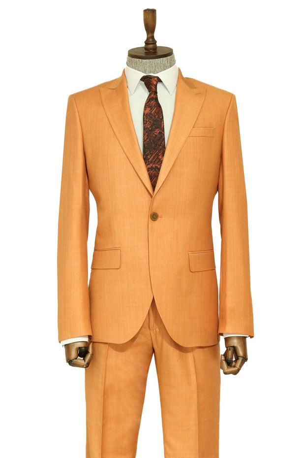 Two Piece Slim Fit Single Button Mustard Yellow Men Suit - Wessi