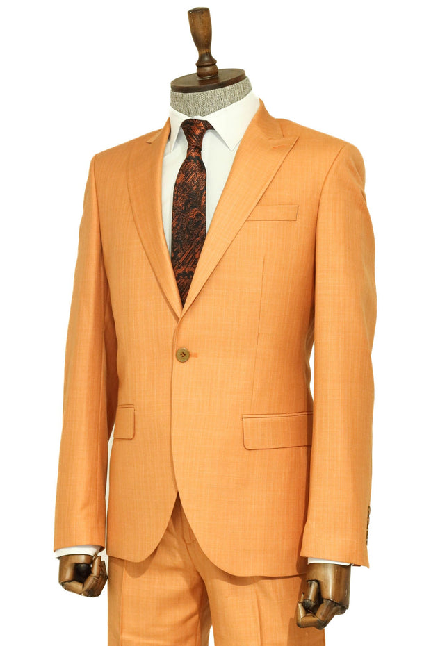 Two Piece Slim Fit Single Button Mustard Yellow Men Suit - Wessi