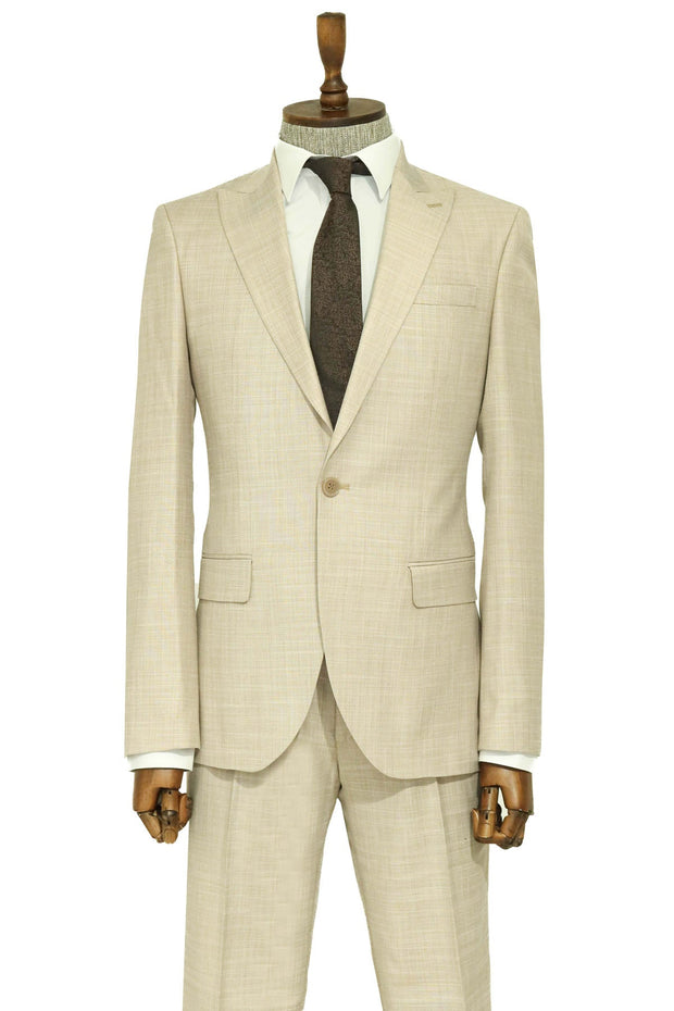 Two Piece Slim Fit Single Button Beige Men Suit