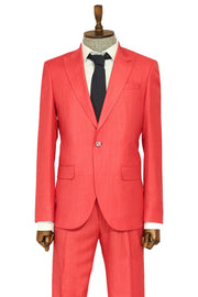 Two Piece Slim Fit Single Button Coral Red Men Suit - Wessi