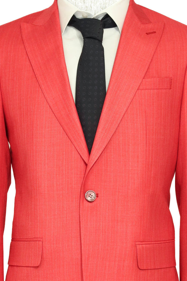 Two Piece Slim Fit Single Button Coral Red Men Suit - Wessi