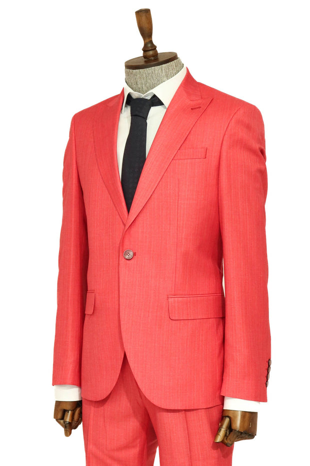 Two Piece Slim Fit Single Button Coral Red Men Suit - Wessi