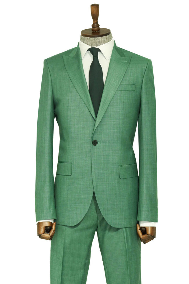 Two Piece Slim Fit Single Button Green Men Suit - Wessi