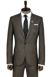 Slim Fit Houndstooth Patterned 2 Piece Brown Men Suit - Wessi