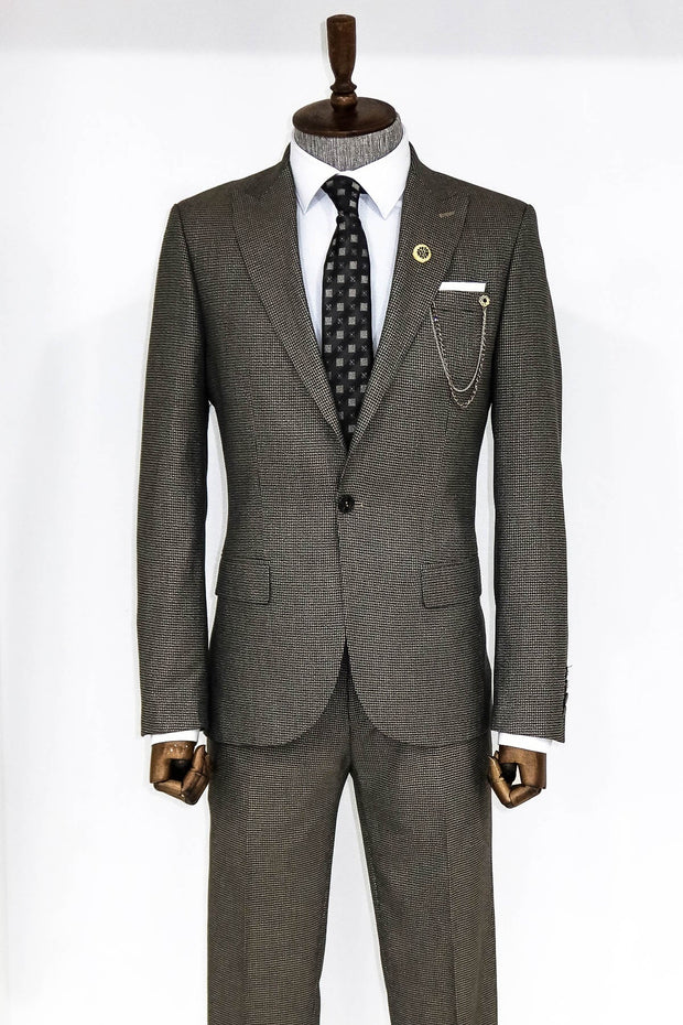 Slim Fit Houndstooth Patterned 2 Piece Brown Men Suit - Wessi