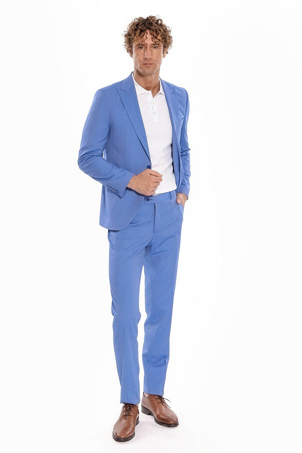 Patterned 2 Piece Slim Fit Light Blue Men Suit - Wessi