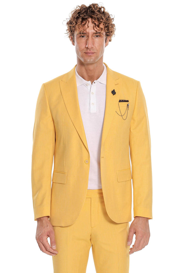 2 Piece Patterned Slim Fit Yellow Men Suit - Wessi