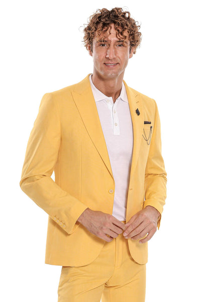 2 Piece Patterned Slim Fit Yellow Men Suit - Wessi