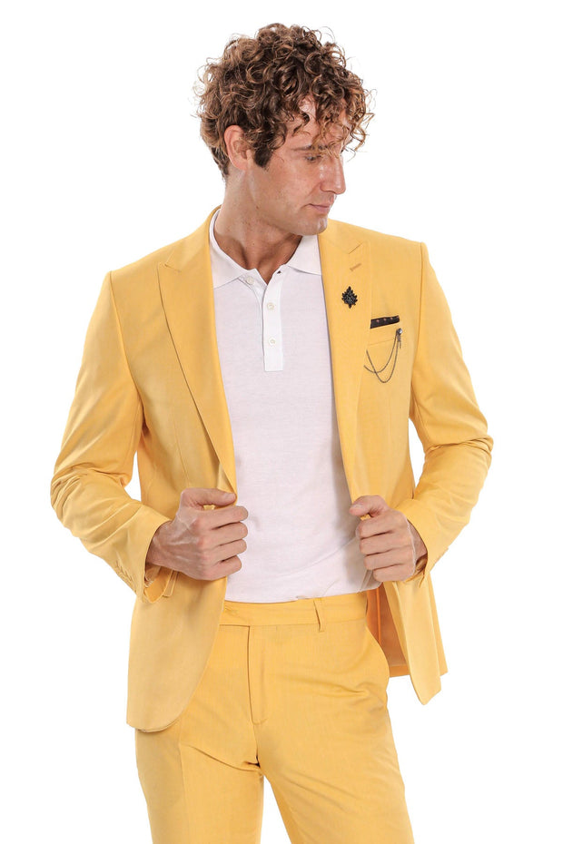 2 Piece Patterned Slim Fit Yellow Men Suit - Wessi