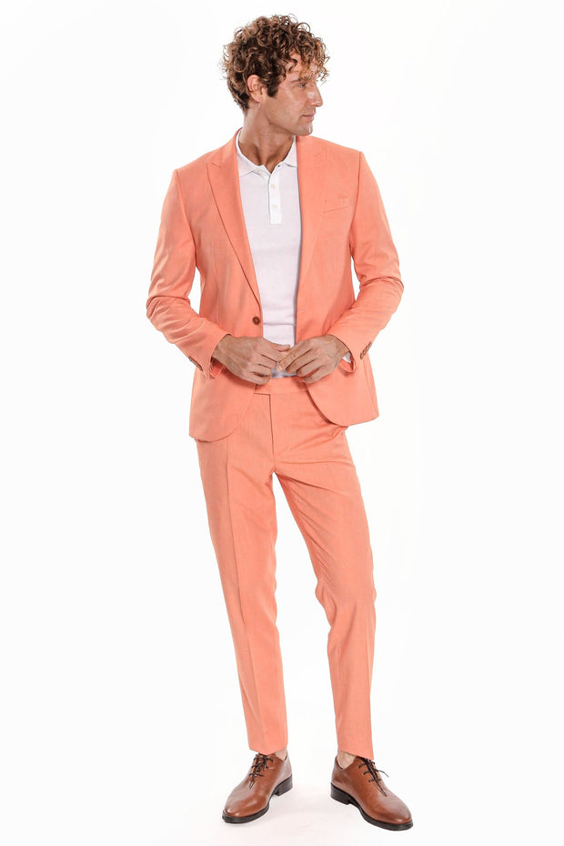 2 Piece Patterned Slim Fit Orange Men Suit - Wessi