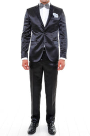 Two Piece Two Buttons Modeled Lapel Satin Black Men Groom Suit