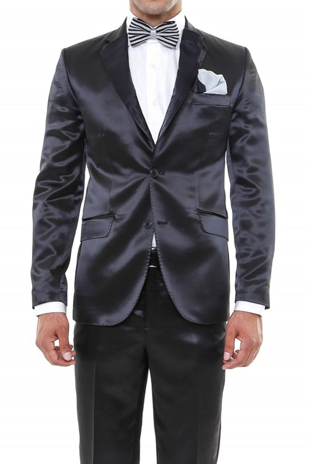 Two Piece Two Buttons Modeled Lapel Satin Black Men Groom Suit