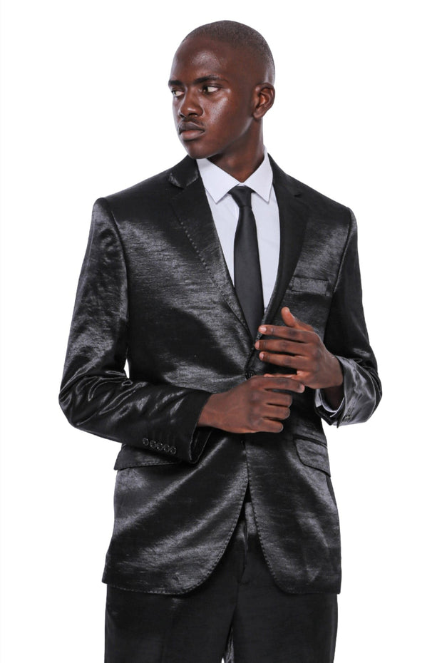 Two Piece Two Buttons Patterned Satin Black Men Suit