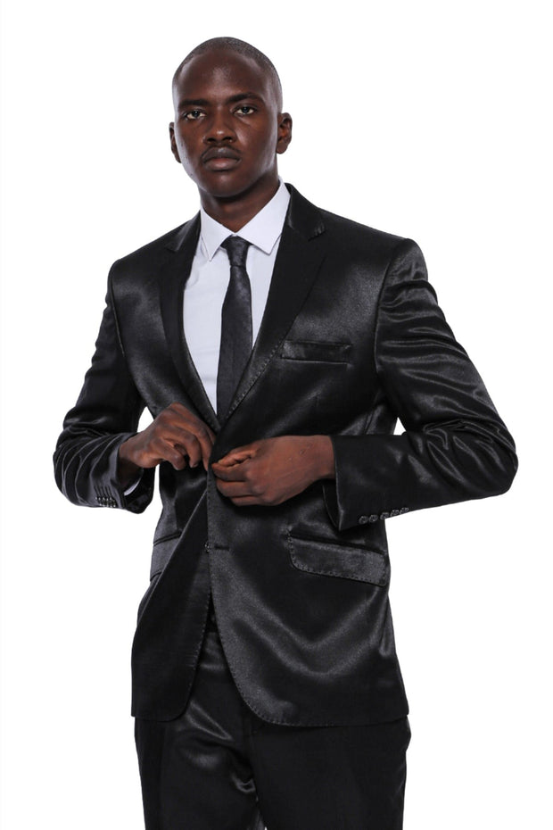 Two Buttons Two Piece Slim Fit Satin Black Men Suit