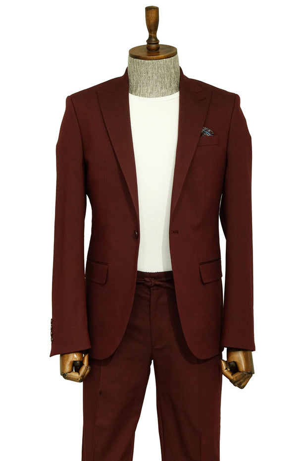 Single Buttons 2 Piece Burgundy Men Suit - Wessi