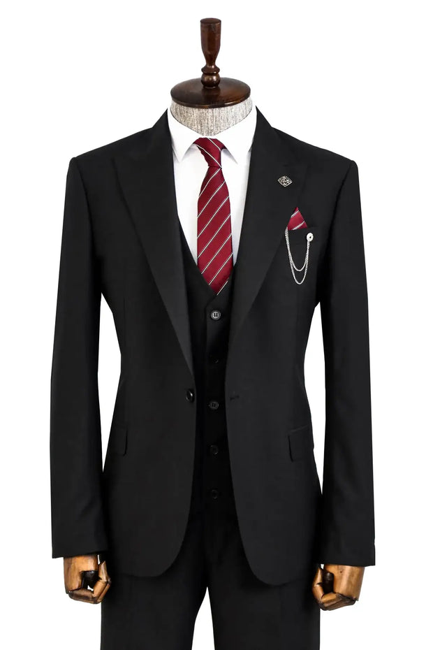 Notch Lapel Slim Fit Single Button Black Suit | Wessi