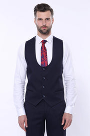 Patterned Navy Blue Vested Suit | Wessi