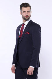 Patterned Navy Blue Vested Suit | Wessi