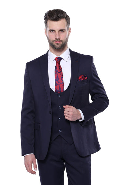 Patterned Navy Blue Vested Suit | Wessi