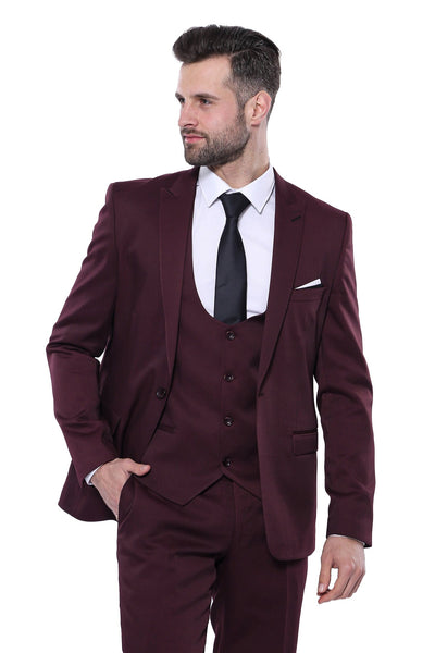 Patterned Claret Red Vested Suit- Wessi