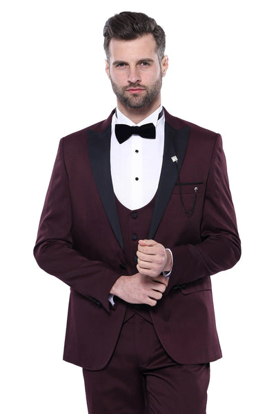 Detachable Lapel Burgundy Suit - Wessi