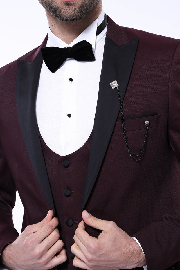 Detachable Lapel Burgundy Suit - Wessi