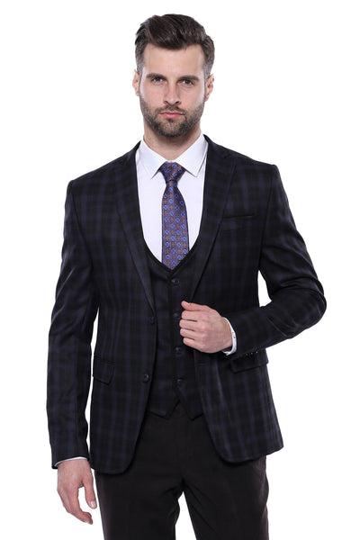 Black Plaid Men's Winter 3 Piece Suit - Wessi