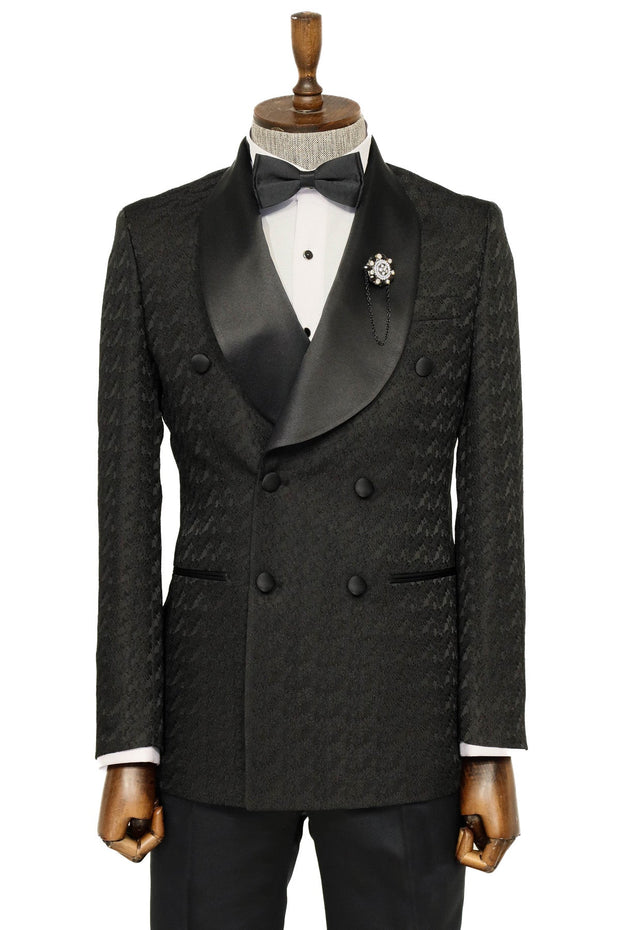 Satin Shawl Collar Patterned Double Breasted Black Men Tuxedo Suit - Wessi