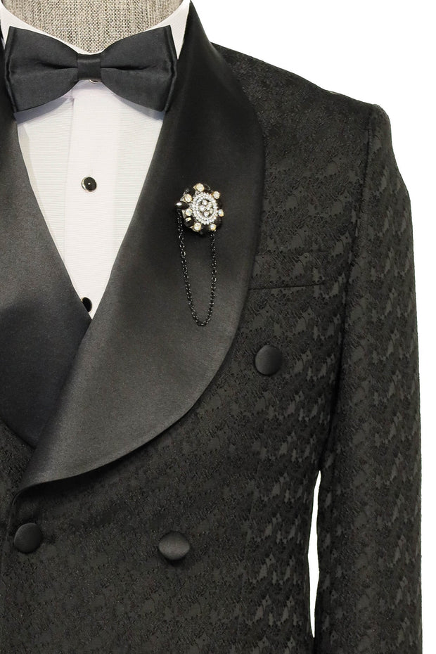 Satin Shawl Collar Patterned Double Breasted Black Men Tuxedo Suit - Wessi