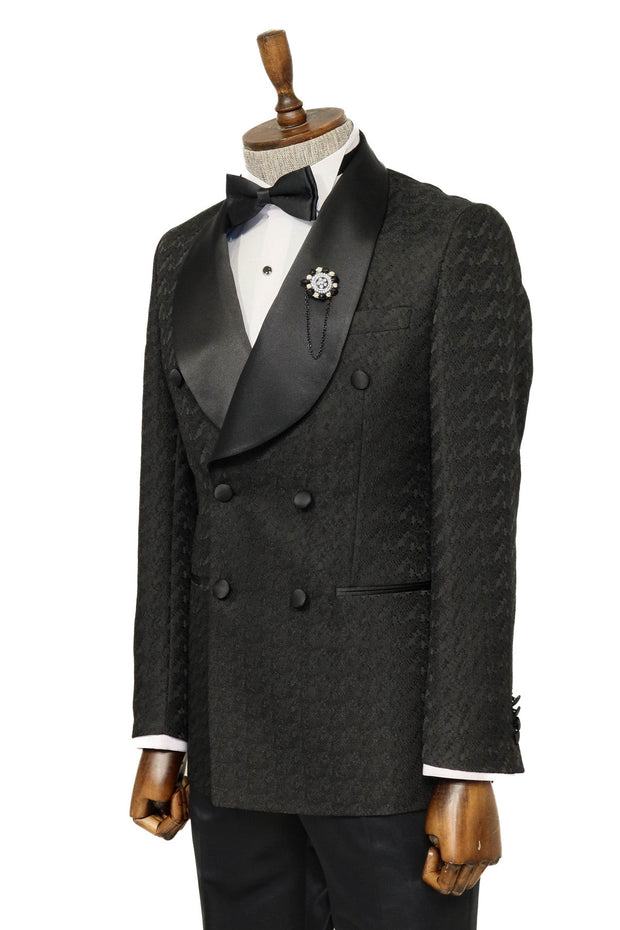 Satin Shawl Collar Patterned Double Breasted Black Men Tuxedo Suit - Wessi