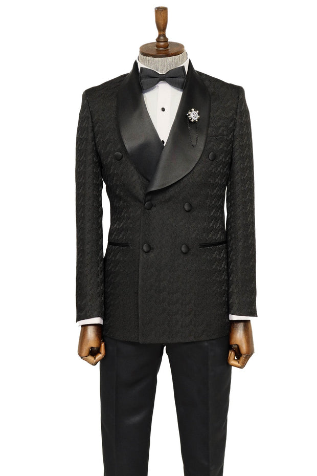 Satin Shawl Collar Patterned Double Breasted Black Men Tuxedo Suit - Wessi