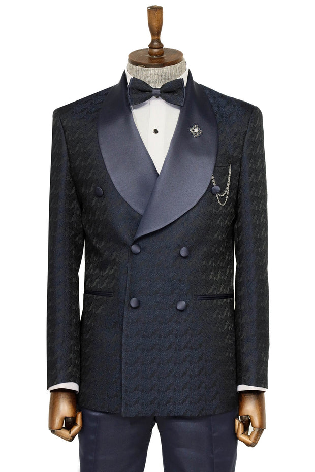 Satin Shawl Collar Patterned Double Breasted Navy Blue Men Tuxedo Suit - Wessi