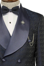 Satin Shawl Collar Patterned Double Breasted Navy Blue Men Tuxedo Suit - Wessi