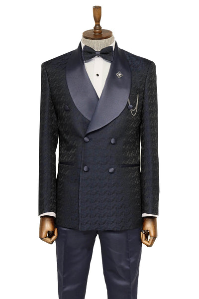 Satin Shawl Collar Patterned Double Breasted Navy Blue Men Tuxedo Suit - Wessi