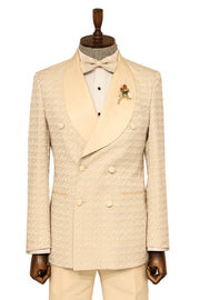 Satin Shawl Collar Patterned Double Breasted  Champagne Men Tuxedo Suit - Wessi