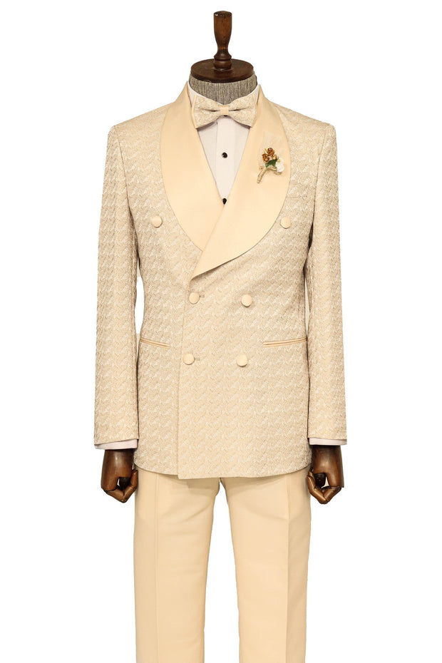 Satin Shawl Collar Patterned Double Breasted  Champagne Men Tuxedo Suit - Wessi