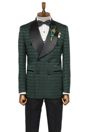 Satin Shawl Collar Patterned Double Breasted Dark Green Men Tuxedo Suit - Wessi