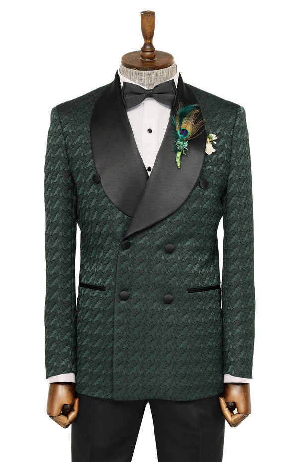 Satin Shawl Collar Patterned Double Breasted Dark Green Men Tuxedo Suit - Wessi