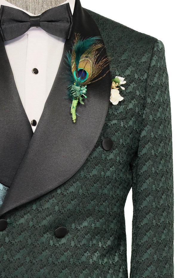 Satin Shawl Collar Patterned Double Breasted Dark Green Men Tuxedo Suit - Wessi