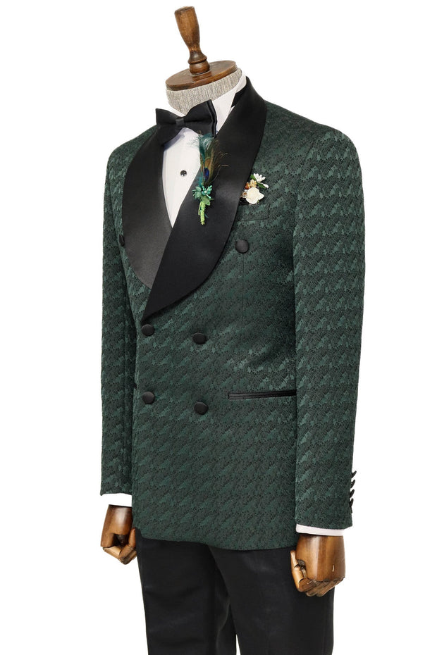 Satin Shawl Collar Patterned Double Breasted Dark Green Men Tuxedo Suit - Wessi