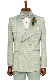 Satin Shawl Collar Patterned Double Breasted Sage Green Men Tuxedo Suit - Wessi