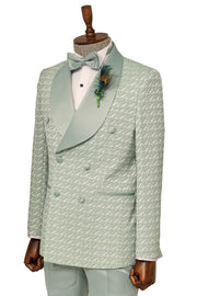 Satin Shawl Collar Patterned Double Breasted Sage Green Men Tuxedo Suit - Wessi